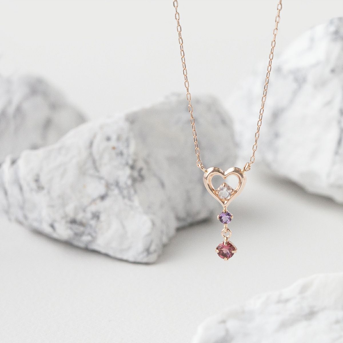 K10 PG ローズクオーツ ピンクトルマリン アメジスト ハートモチーフ ネックレス