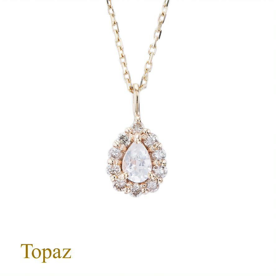 K10 YG ホワイトトパーズ ダイヤモンド ドロップ ネックレス ペアシェイプ イエローゴールド