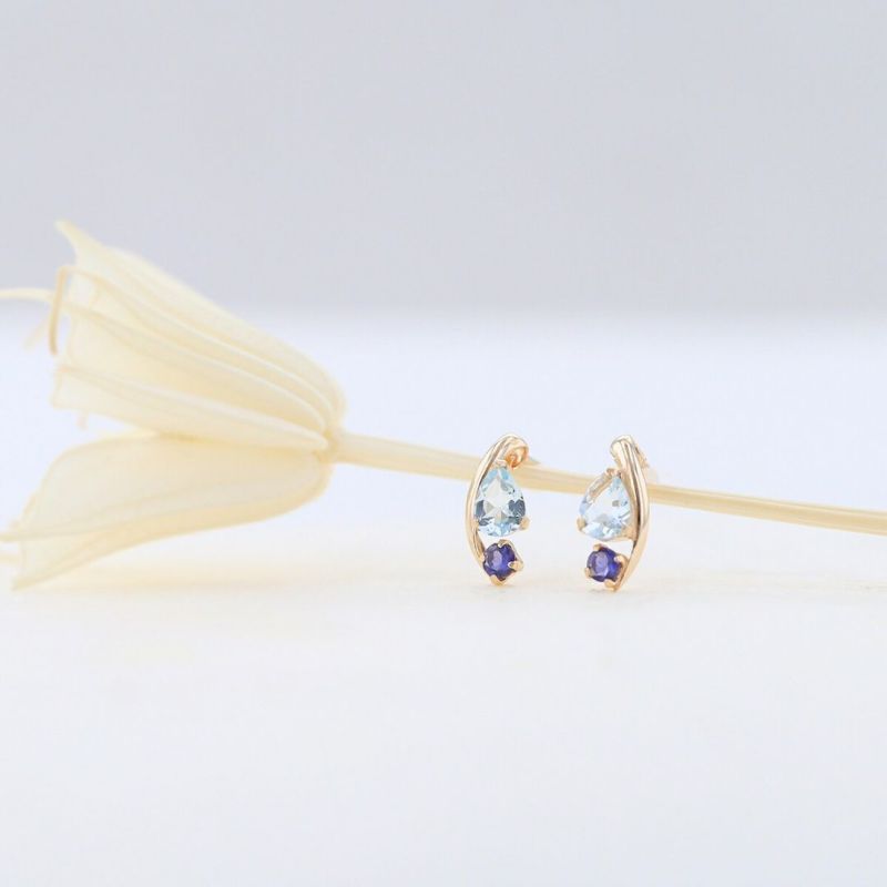 K10 YG アクアマリン アイオライト ピアス レディース 3月 3月誕生石 ギフト 誕生日プレゼント 20代 30代 40代 イエローゴールド 妻 彼女 可愛い