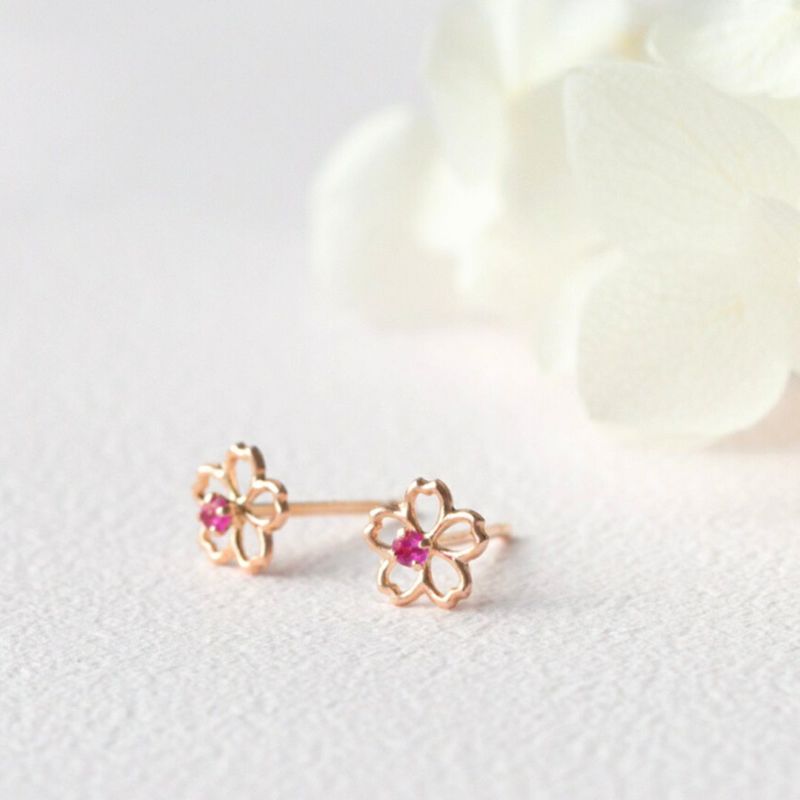 K10 PG ルビー ピアス 桜 花 レディース 誕生石 7月 誕生日 10金 ピンクゴールド 妻 彼女 レディース 小ぶり ギフト 誕生日プレゼント