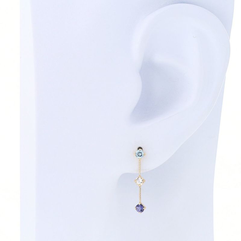 K10 YG アクアマリン ブルートパーズ アイオライト ピアス ステーションピアス レディース 3月 3月誕生石 ギフト 誕生日プレゼント 20代 30代 40代 イエローゴールド 妻 彼女