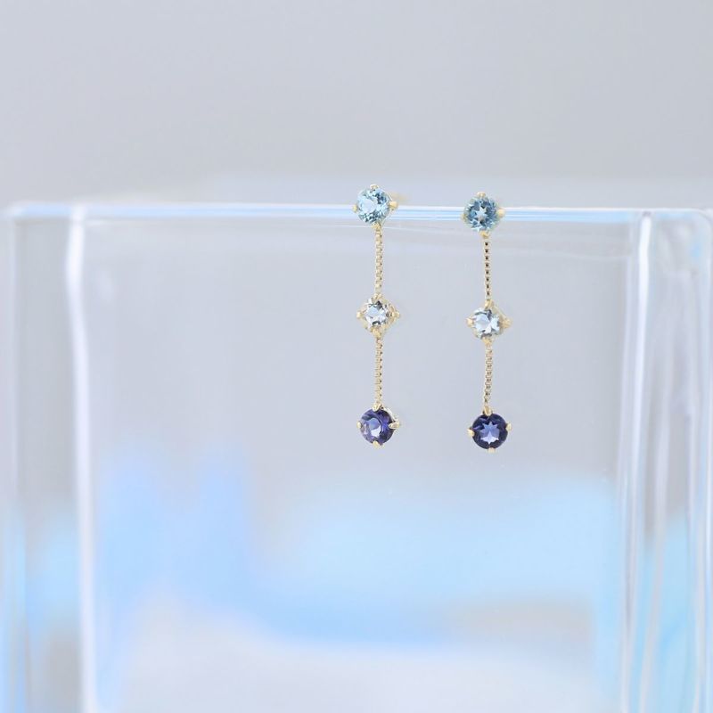 K10 YG アクアマリン ブルートパーズ アイオライト ピアス ステーションピアス レディース 3月 3月誕生石 ギフト 誕生日プレゼント 20代 30代 40代 イエローゴールド 妻 彼女