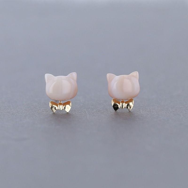 K10 YG ピンクシェル ピアス 猫 ねこ ネコ リボン レディース シェル 誕生日プレゼント ギフト 10金 彼女 20代 30代 40代 イエローゴールド 天然石