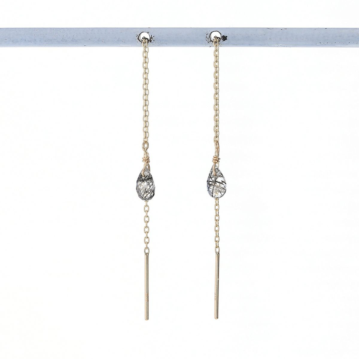 K10 YG ブラックルチルクォーツ アメリカンピアス クオーツ チェーンピアス ロングピアス 10K 10金 妻 彼女 レディース ギフト 誕生日プレゼント