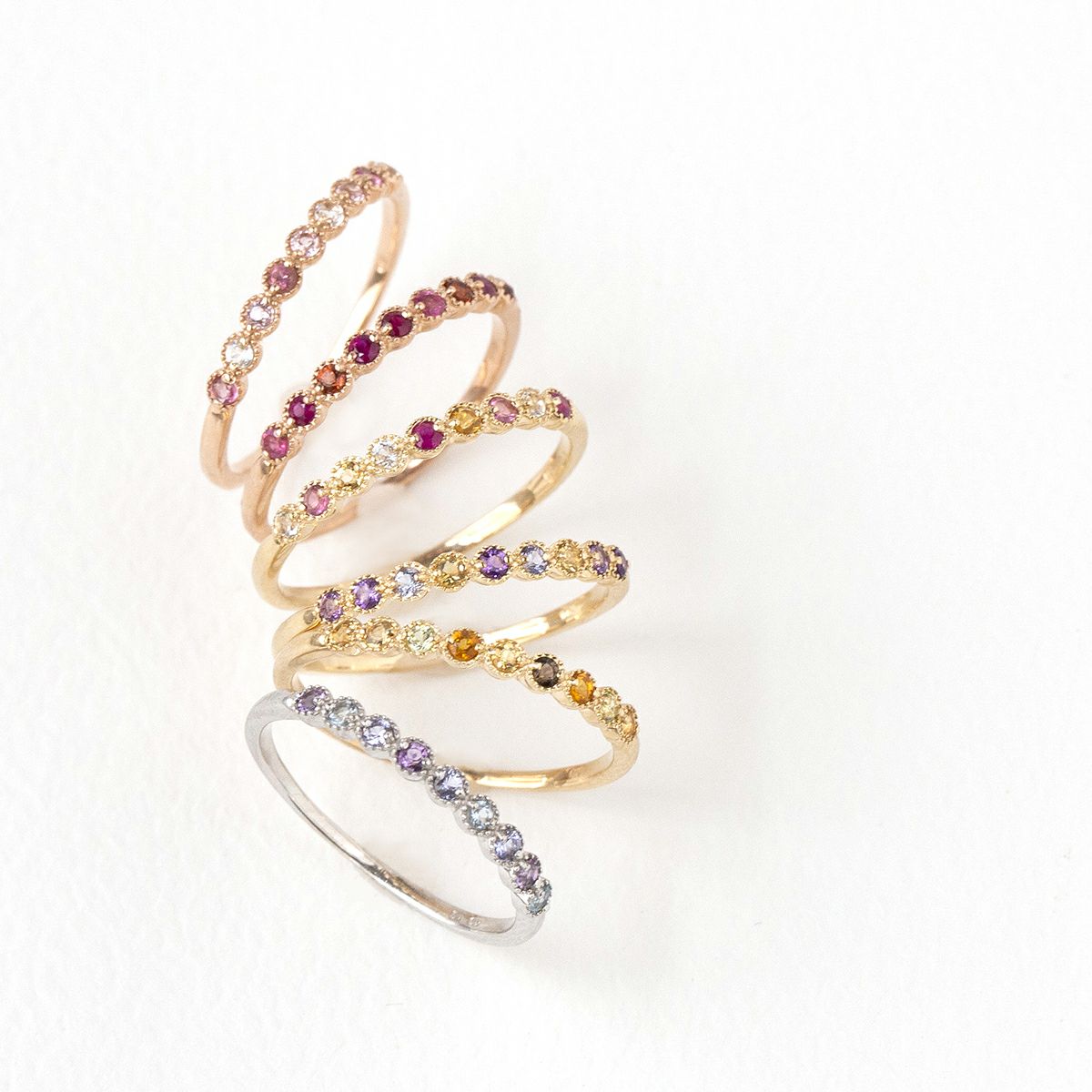 K10 YG PG WG マルチ カラーストーン リング ハーフエタニティ 誕生石 プレゼント レディース 彼女 妻 30代 40代 イエローゴールド ピンクゴールド ホワイトゴールド フラワー 花