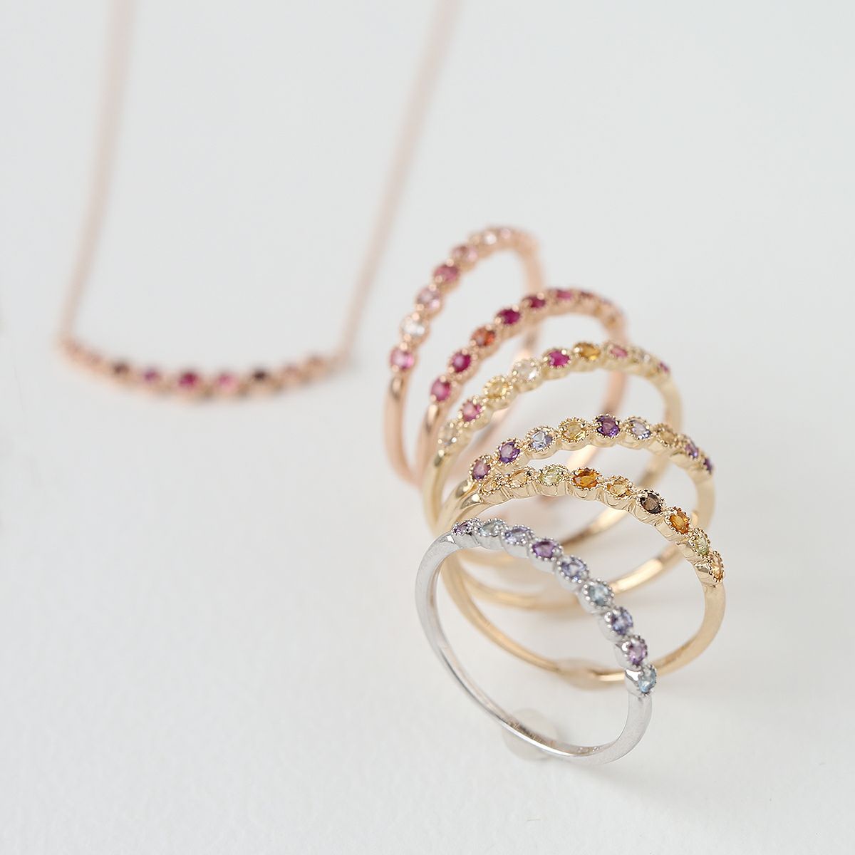 K10 YG PG WG マルチ カラーストーン リング ハーフエタニティ 誕生石 プレゼント レディース 彼女 妻 30代 40代 イエローゴールド ピンクゴールド ホワイトゴールド フラワー 花