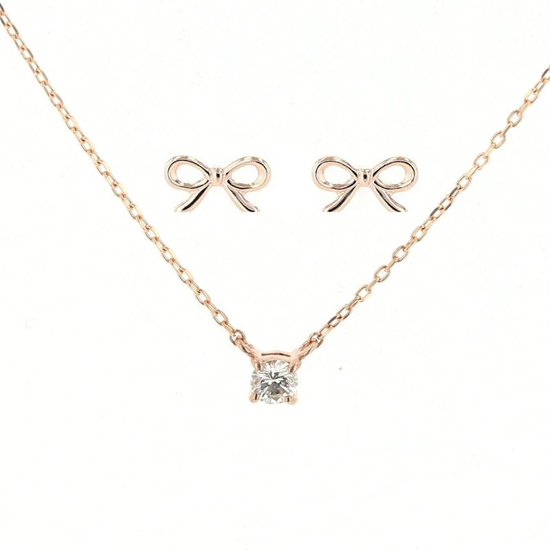 セット クリスマスセット K10 PG ダイヤモンド ネックレス ピアス リボン 30代 40代 レディース 女性 彼女 妻 クリスマスプレゼント 一粒ダイヤモンド スタッドピアス ラッキーモチーフ レディース プレゼント 誕生日 10代 20代 30代 かわいい 小さい 華奢 10金 クリスマスギフト クリスマス